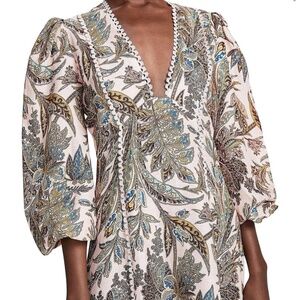 Alemais Estella blush pink paisley midi dress with blush lace trim